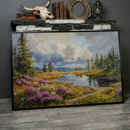 Lavender River Landscape Canvas in black floating frame