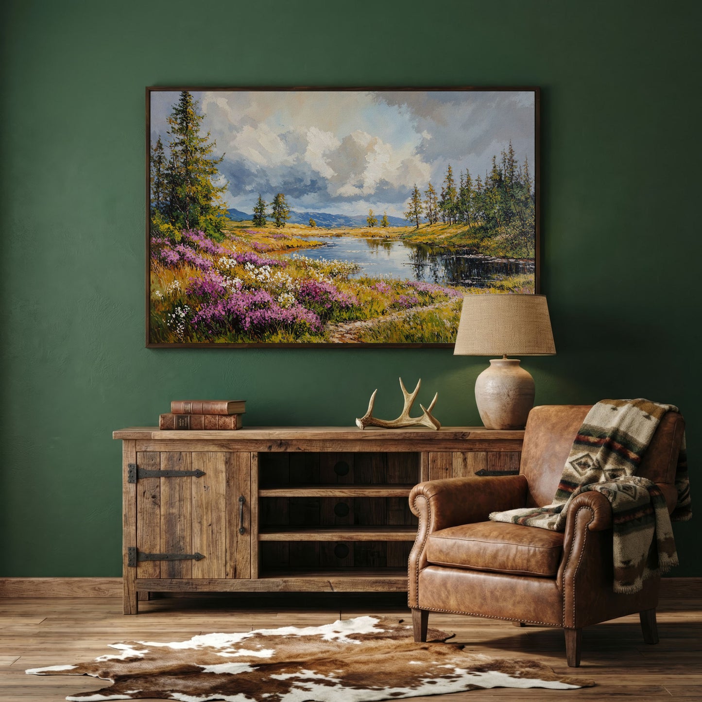 Lavender River Landscape Canvas in dark walnut floating frame
