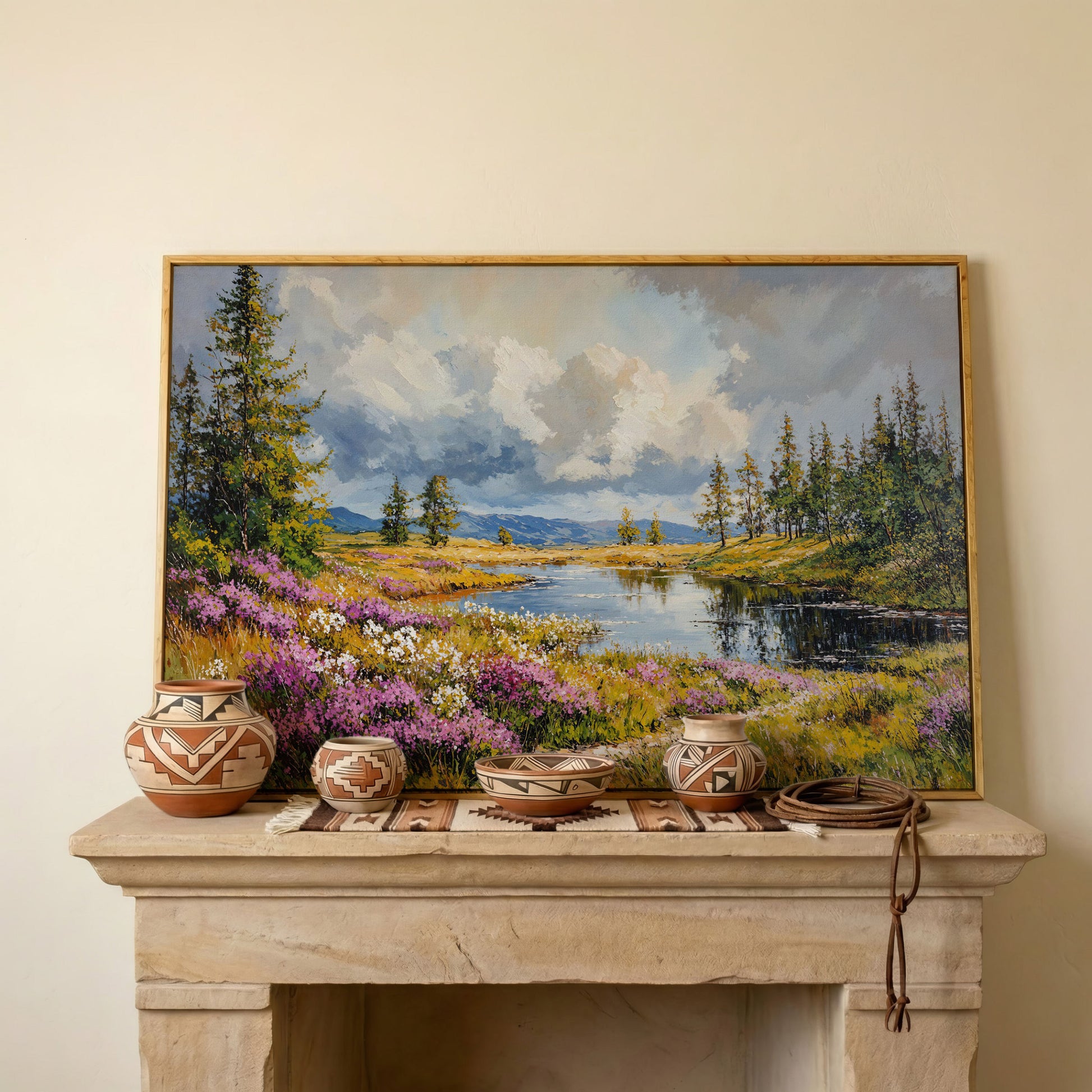 Lavender River Landscape Canvas in white oak floating frame