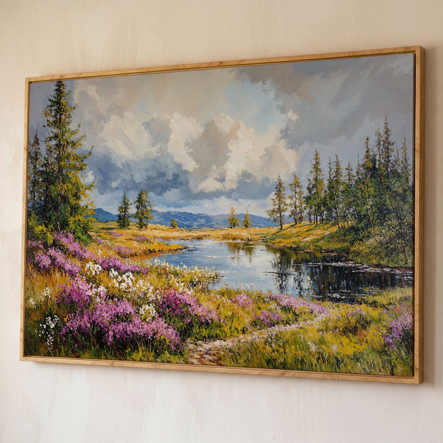 Lavender River Landscape Canvas shown in white oak floating frame