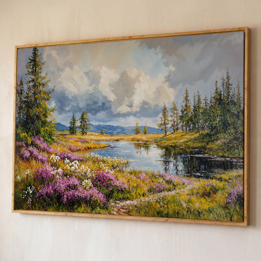 Lavender River Landscape Canvas shown in white oak floating frame