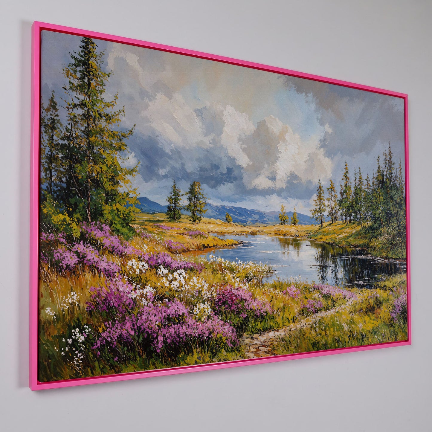 Lavender River Landscape Canvas in pink floating frame