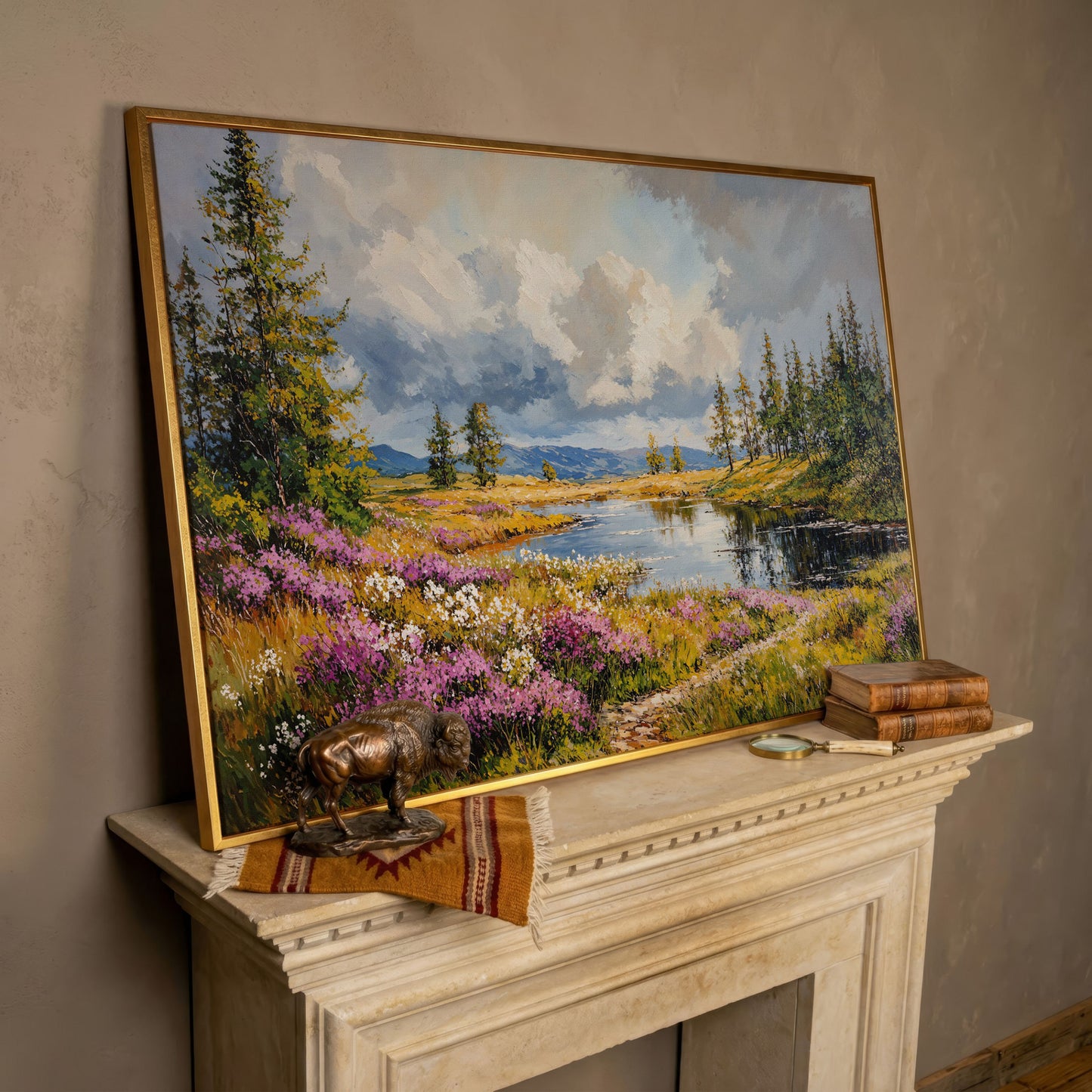 Lavender River Landscape Canvas in rose gold floating frame