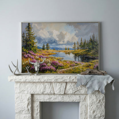 Lavender River Landscape Canvas in silver floating frame