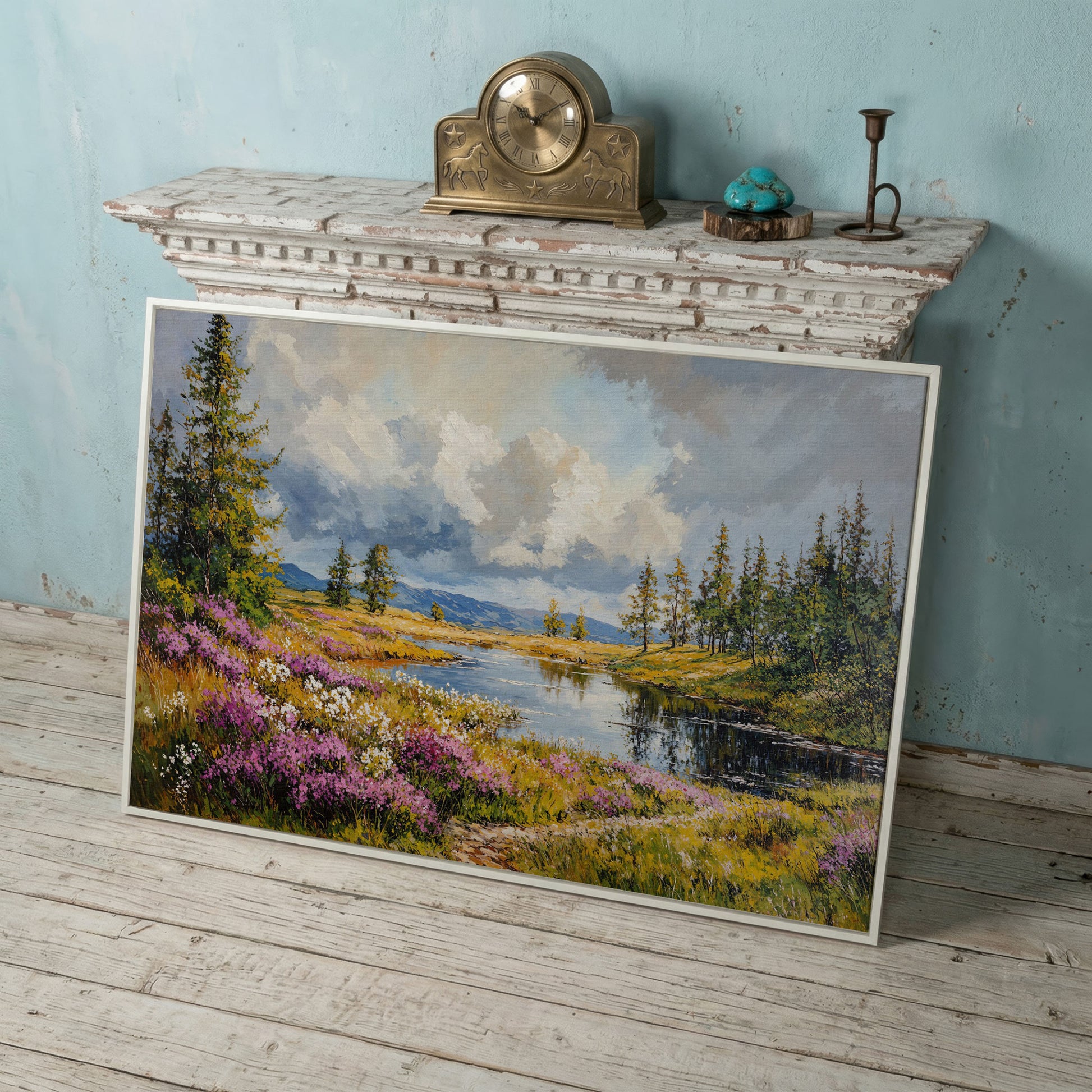 Lavender River Landscape Canvas in white floating frame