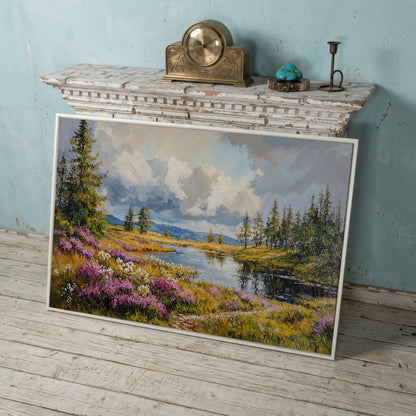 Lavender River Landscape Canvas in white floating frame