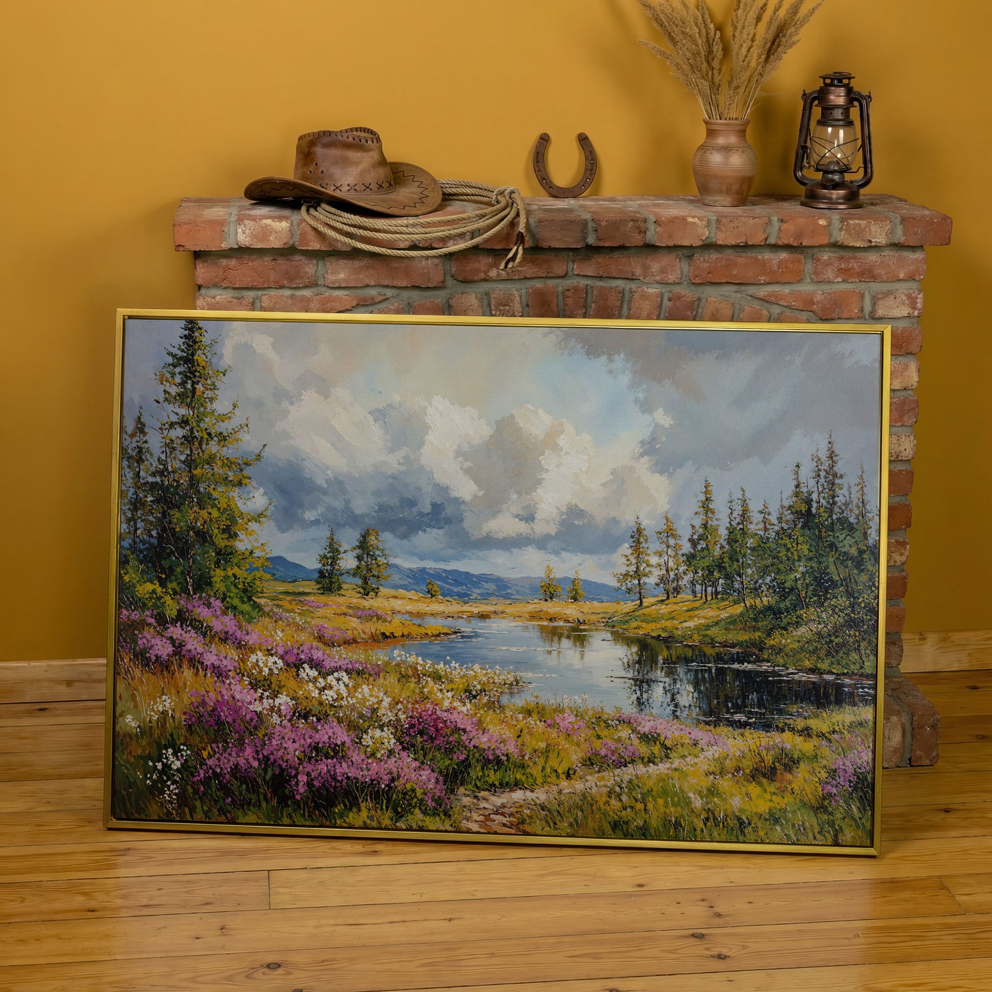 Lavender River Landscape Canvas in yellow gold floating frame