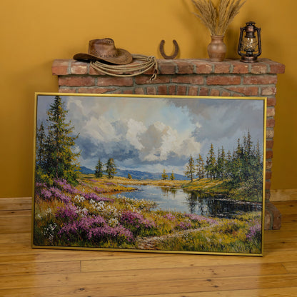 Lavender River Landscape Canvas in yellow gold floating frame