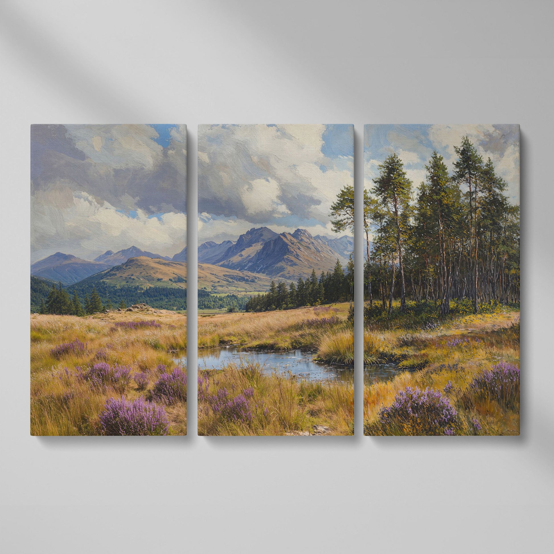 Serene Mountain View with Purple Flowers Canvas as 3-panel split version