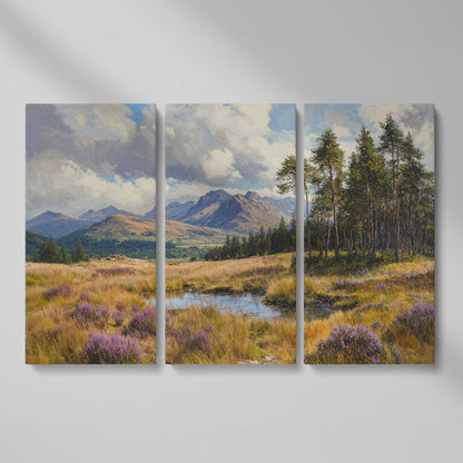 Serene Mountain View with Purple Flowers Canvas as 3-panel split version