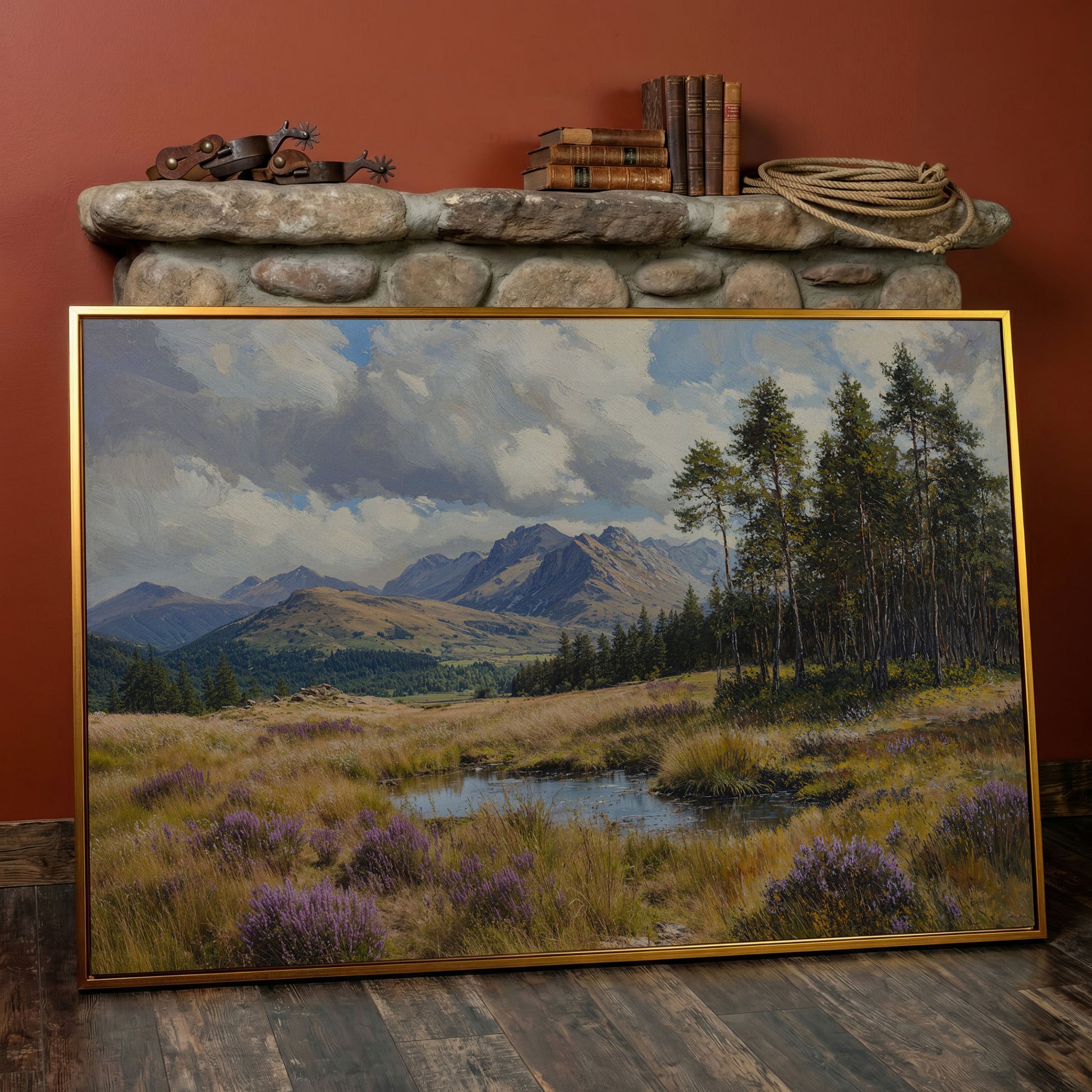 Serene Mountain View with Purple Flowers Canvas in antique gold floating frame