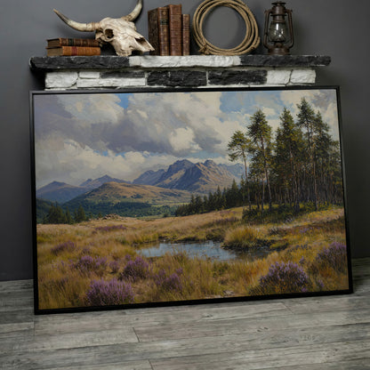 Serene Mountain View with Purple Flowers Canvas in black floating frame
