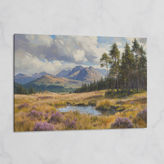Serene Mountain View with Purple Flowers Canvas on gallery wrap