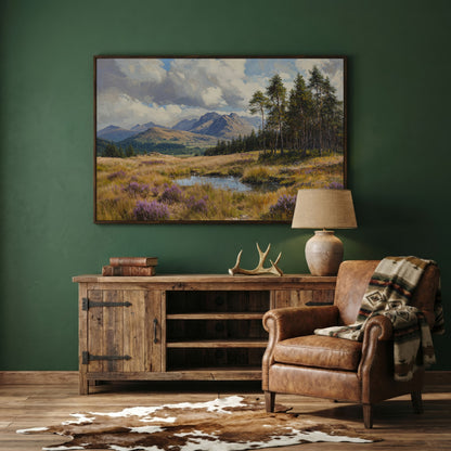 Serene Mountain View with Purple Flowers Canvas in dark walnut floating frame