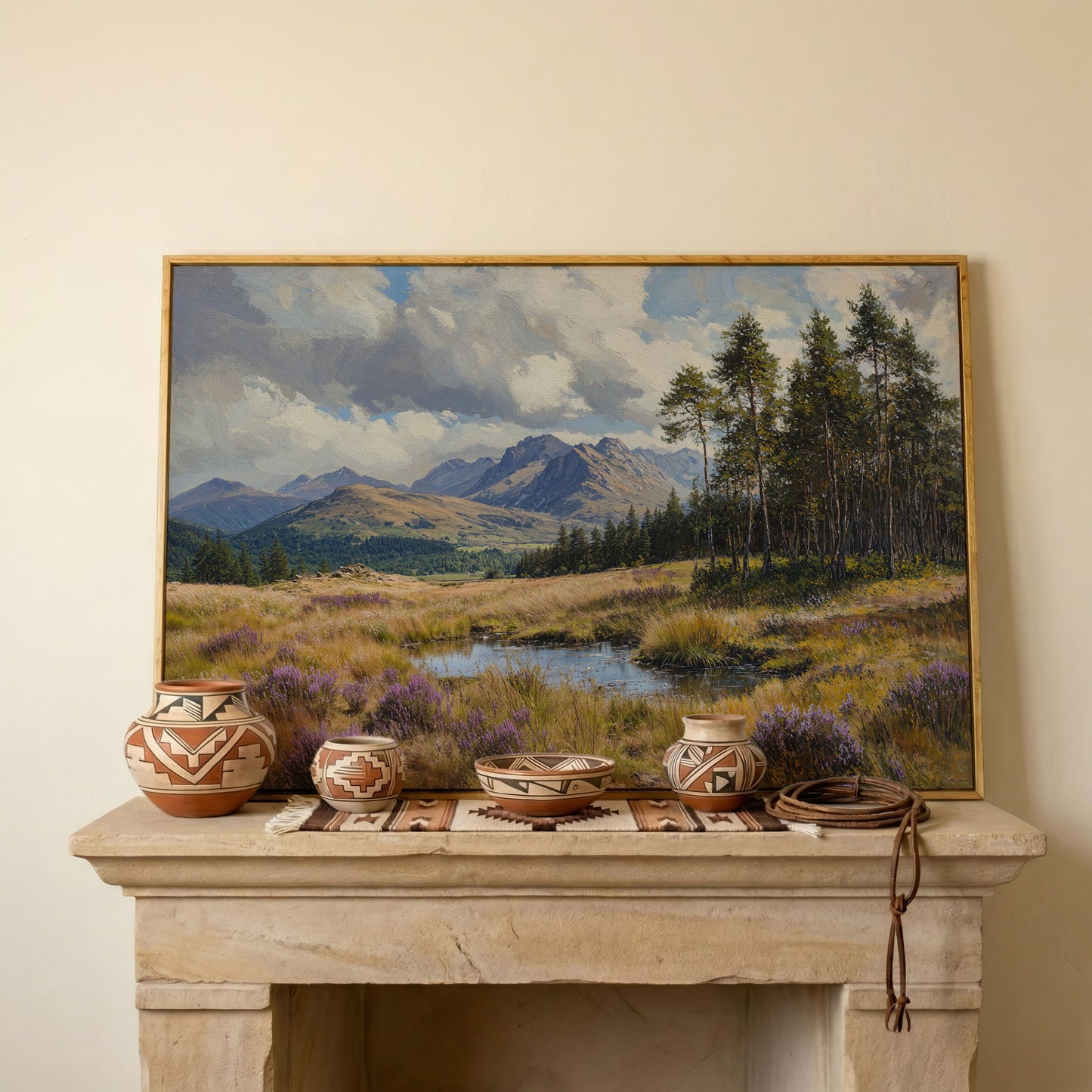 Serene Mountain View with Purple Flowers Canvas in white oak floating frame