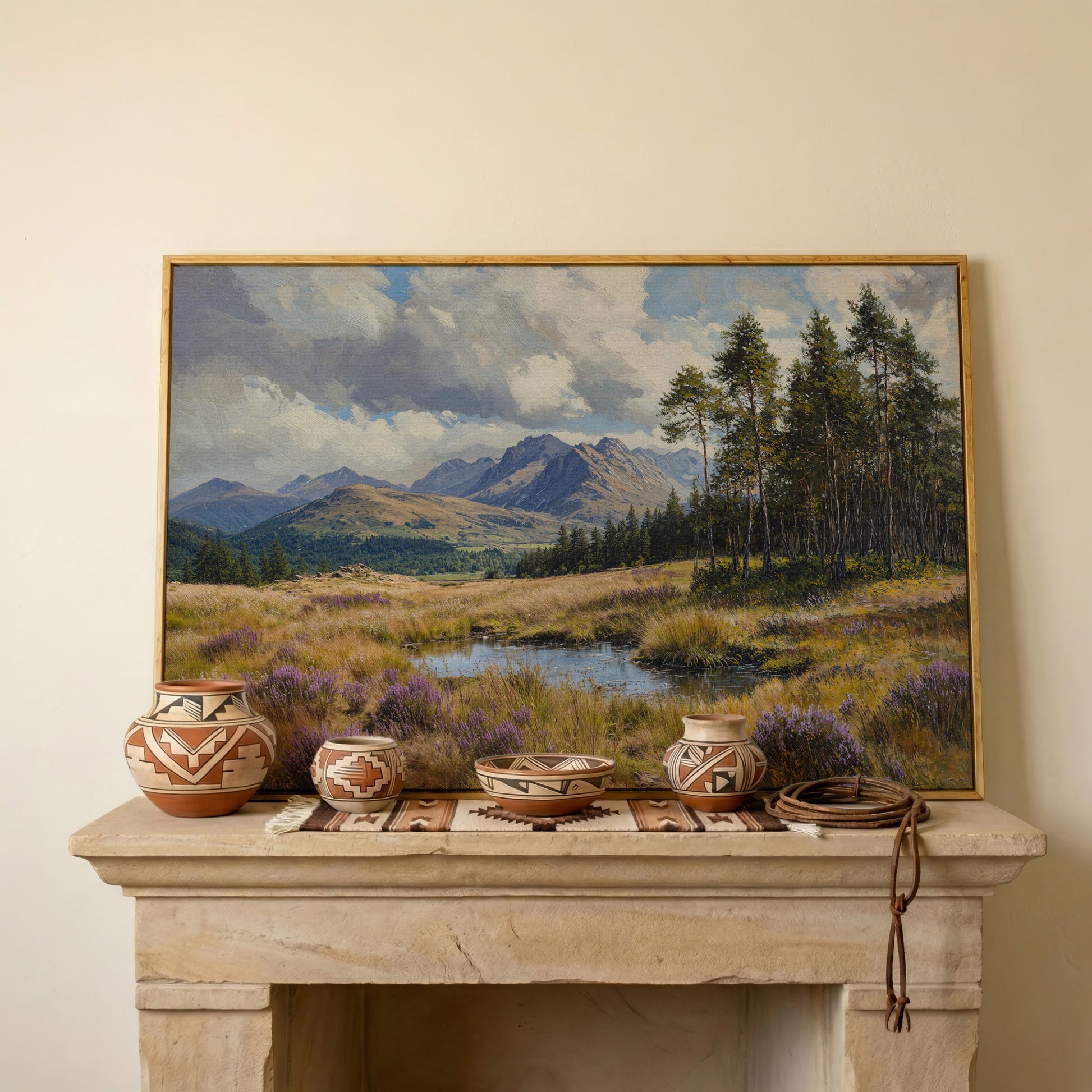 Serene Mountain View with Purple Flowers Canvas in white oak floating frame