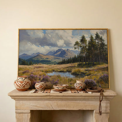 Serene Mountain View with Purple Flowers Canvas in white oak floating frame