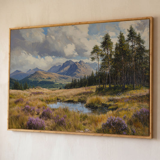 Serene Mountain View with Purple Flowers Canvas shown in white oak floating frame