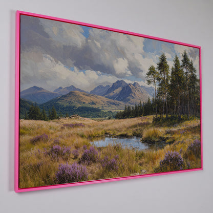 Serene Mountain View with Purple Flowers Canvas in pink floating frame