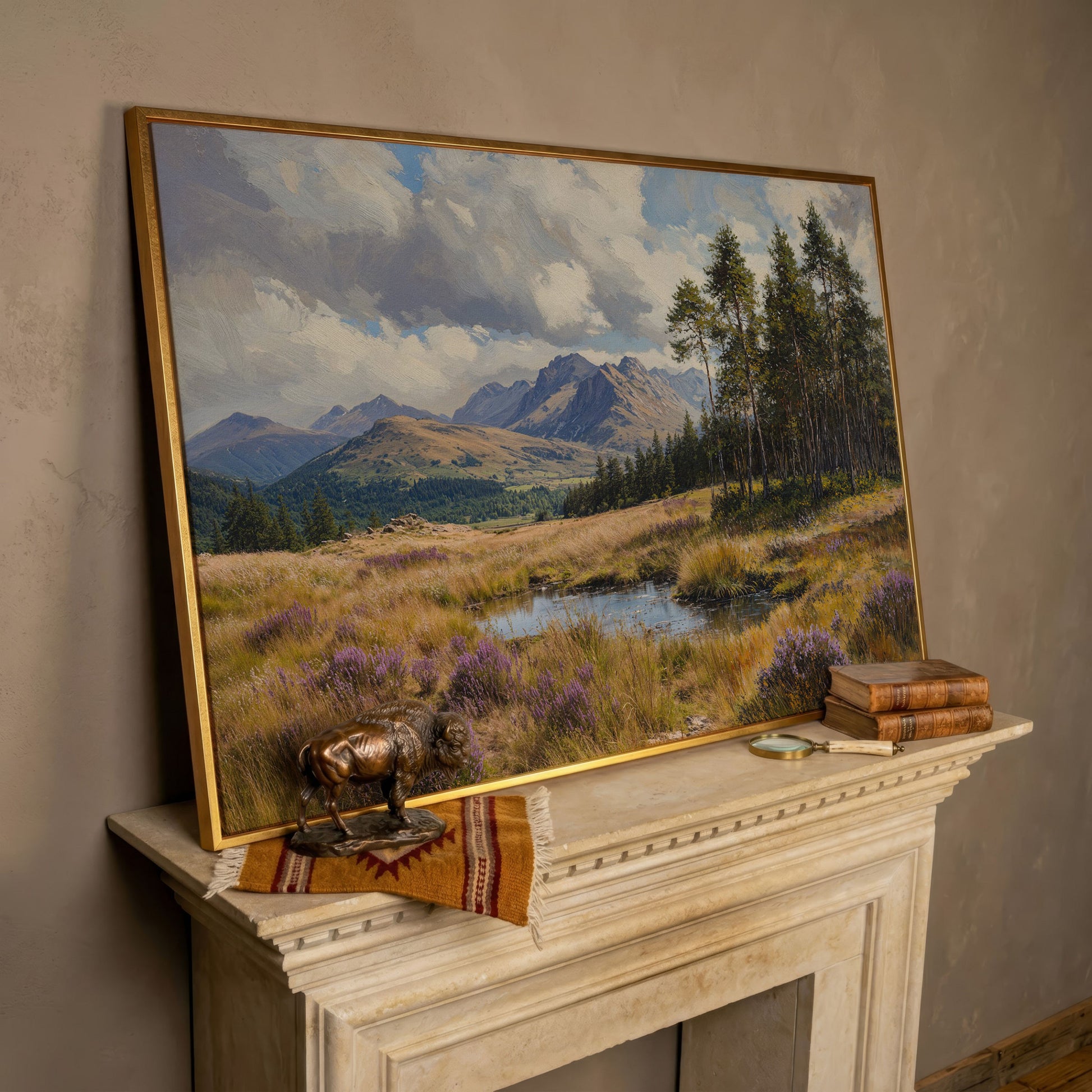 Serene Mountain View with Purple Flowers Canvas in rose gold floating frame