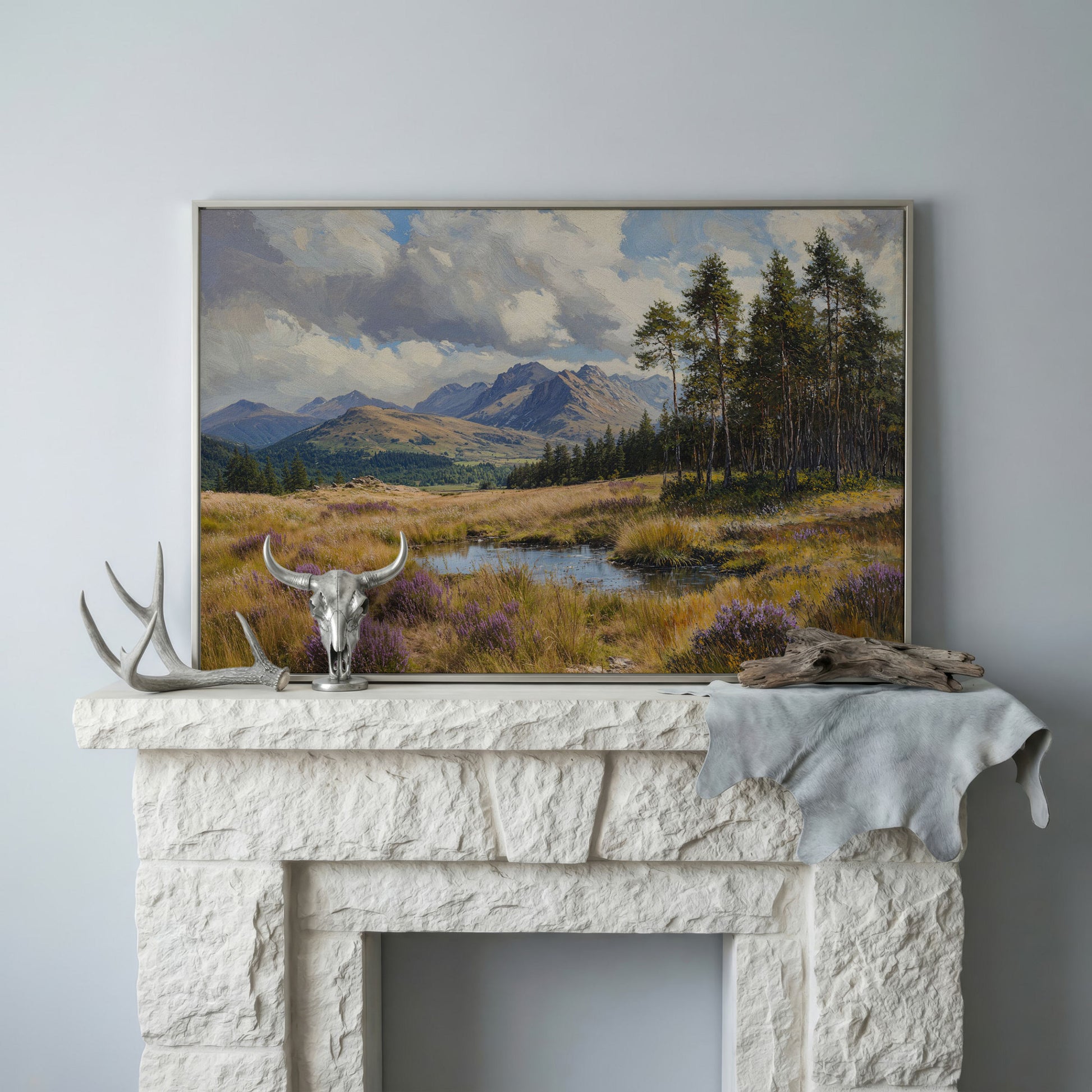 Serene Mountain View with Purple Flowers Canvas in silver floating frame