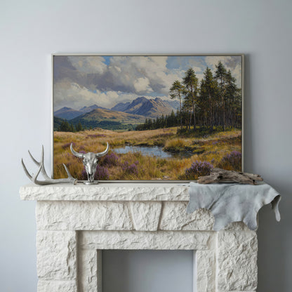 Serene Mountain View with Purple Flowers Canvas in silver floating frame
