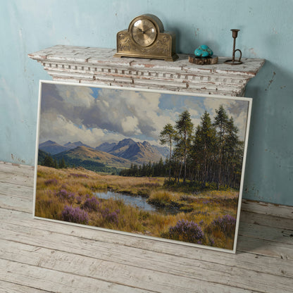 Serene Mountain View with Purple Flowers Canvas in white floating frame