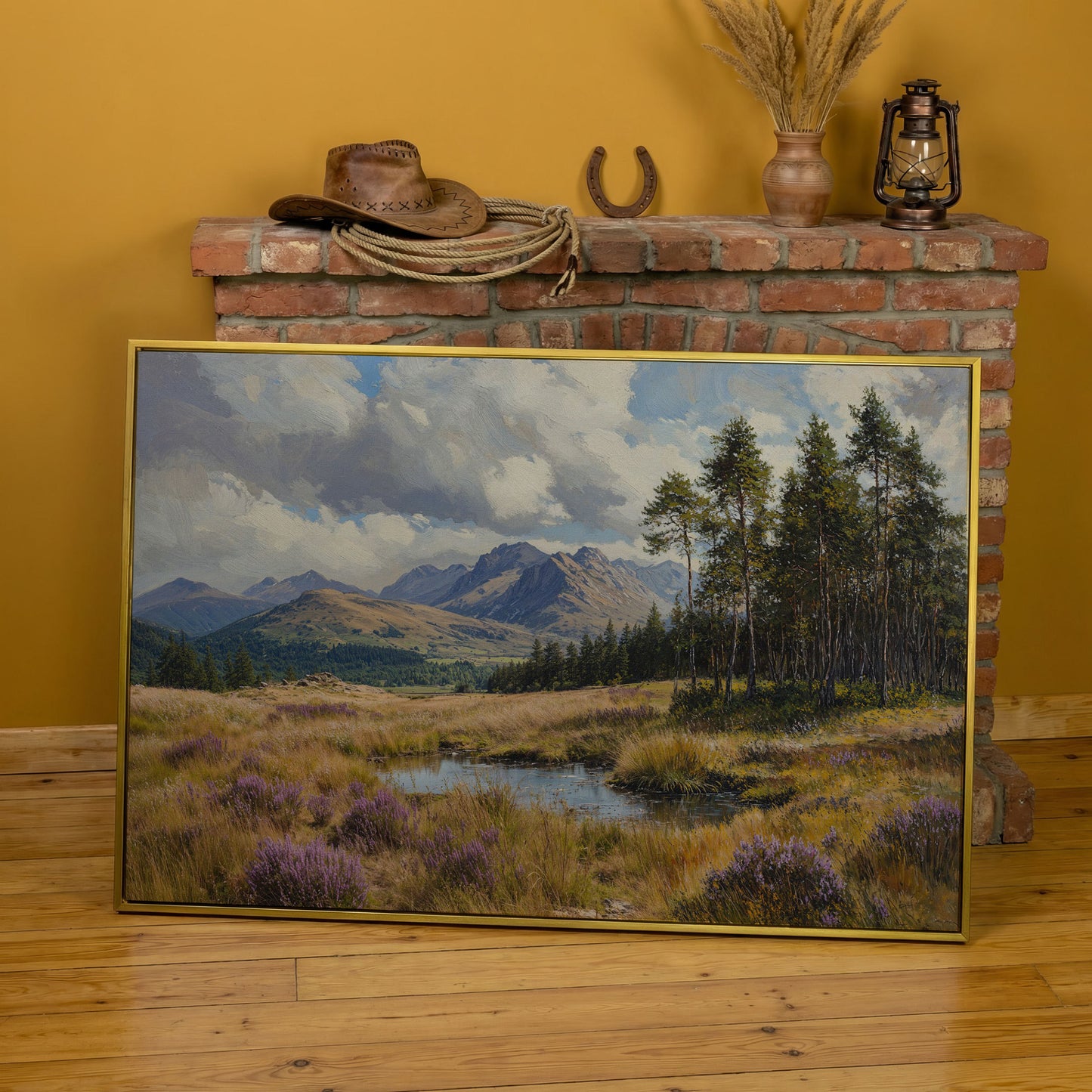 Serene Mountain View with Purple Flowers Canvas in yellow gold floating frame
