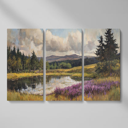 Serene Lake Landscape Canvas Print with Wildflower Shoreline as 3-panel split version