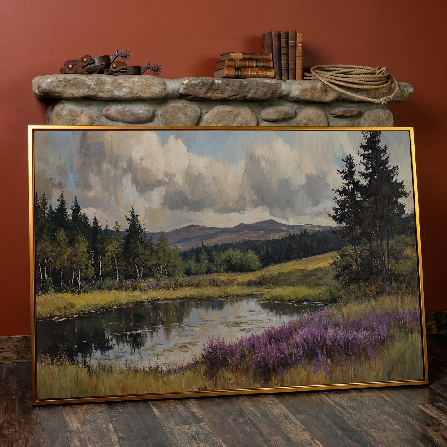 Serene Lake Landscape Canvas Print with Wildflower Shoreline in antique gold floating frame