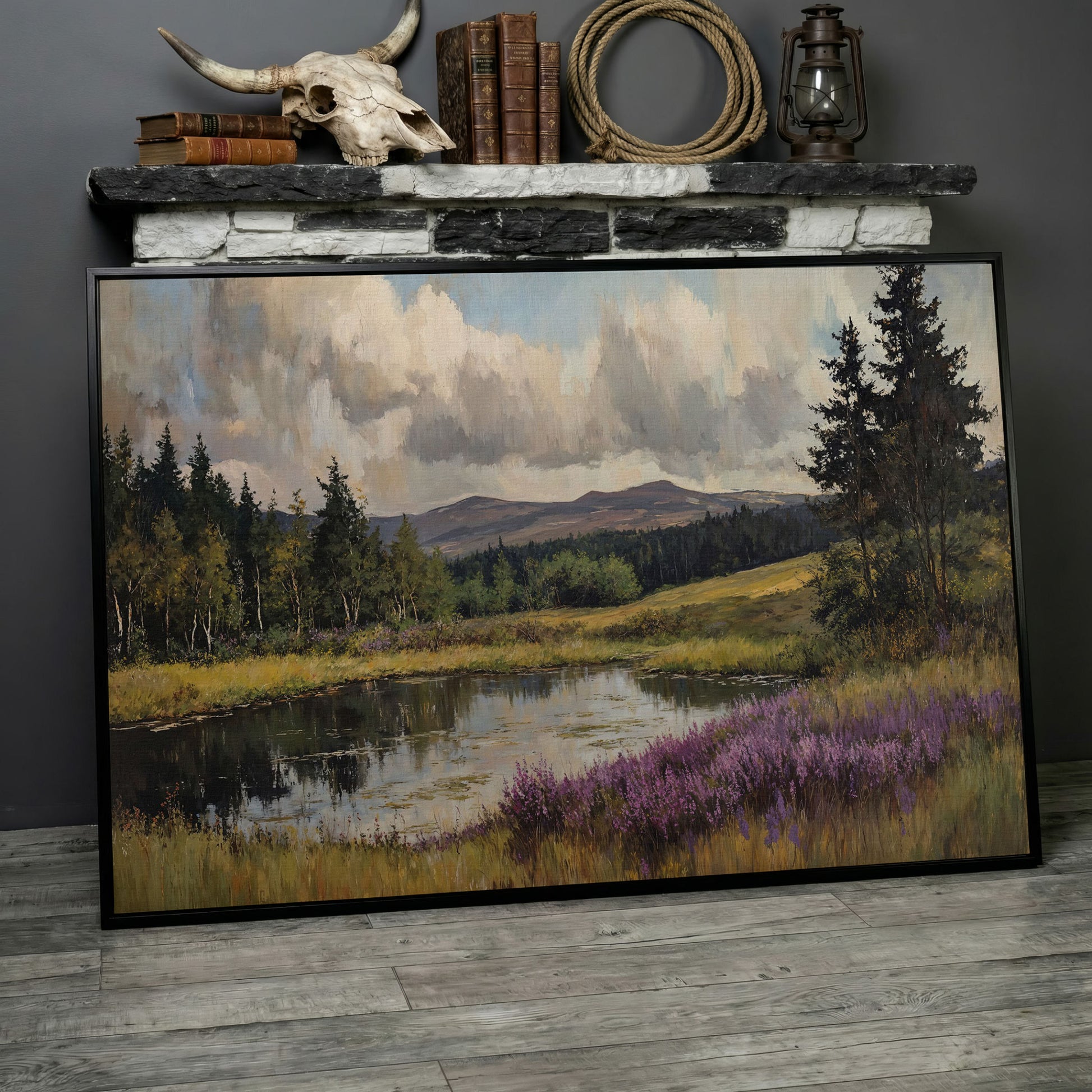 Serene Lake Landscape Canvas Print with Wildflower Shoreline in black floating frame