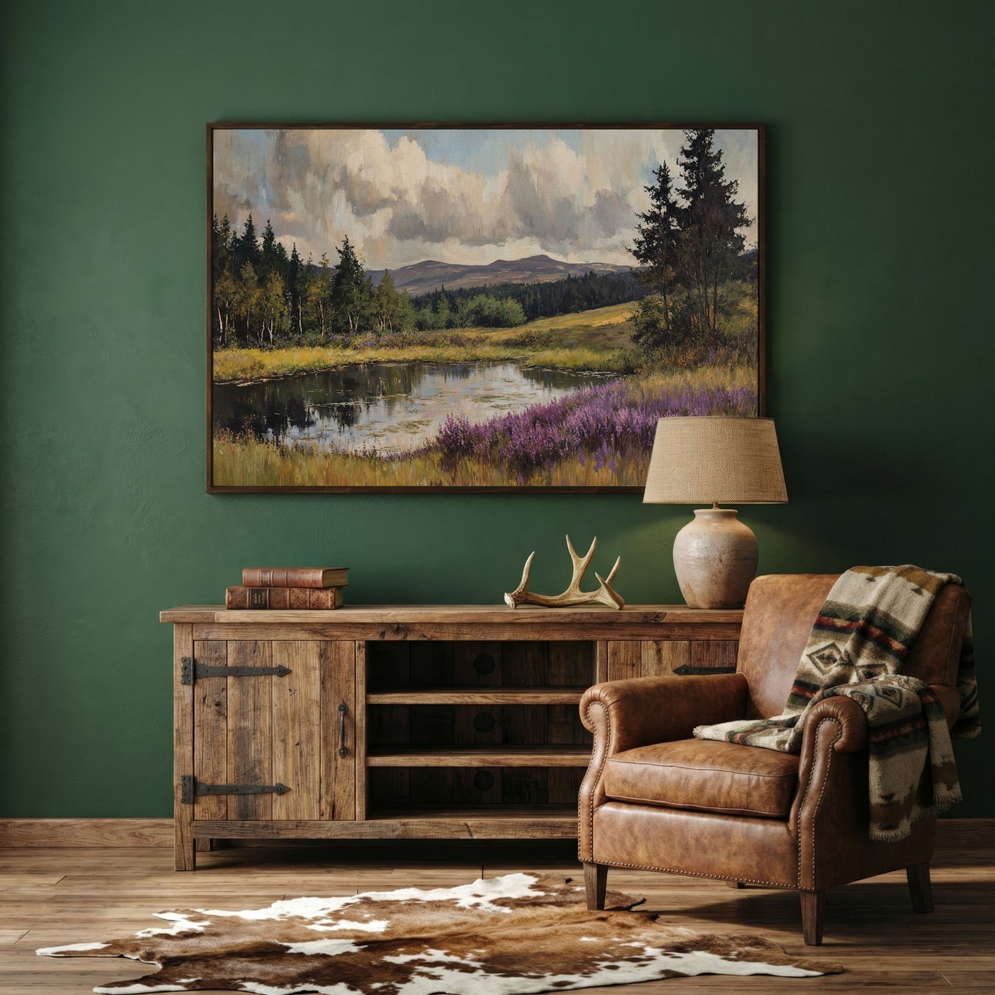 Serene Lake Landscape Canvas Print with Wildflower Shoreline in dark walnut floating frame