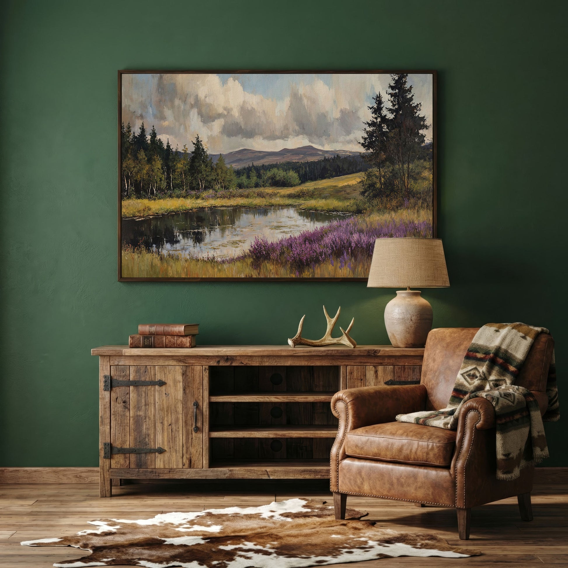 Serene Lake Landscape Canvas Print with Wildflower Shoreline in dark walnut floating frame