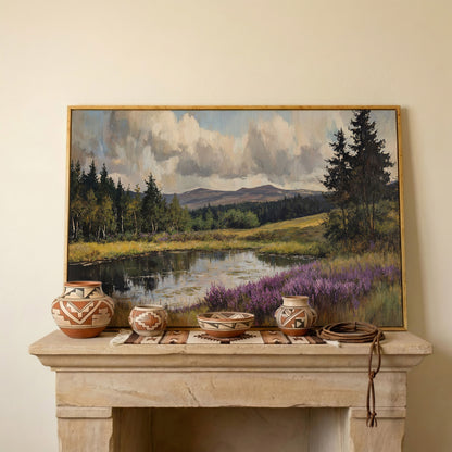 Serene Lake Landscape Canvas Print with Wildflower Shoreline in white oak floating frame