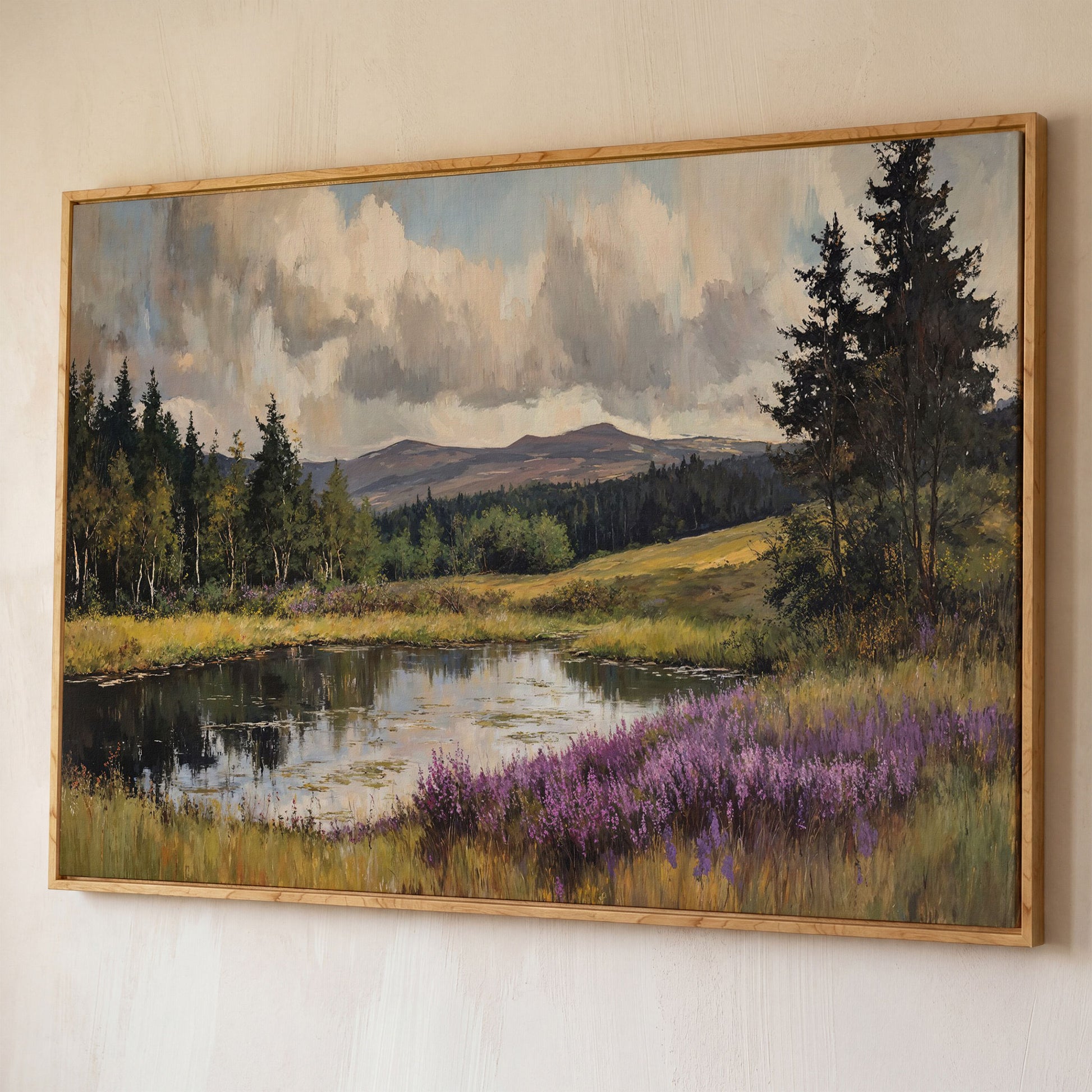 Serene Lake Landscape Canvas Print with Wildflower Shoreline shown in white oak floating frame