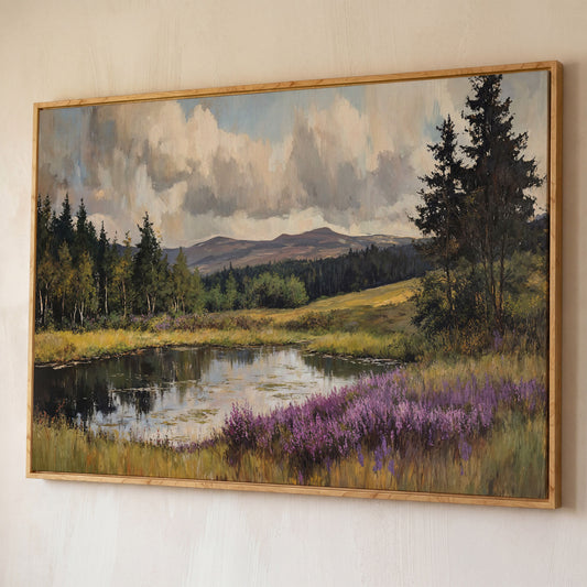 Serene Lake Landscape Canvas Print with Wildflower Shoreline shown in white oak floating frame