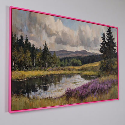 Serene Lake Landscape Canvas Print with Wildflower Shoreline in pink floating frame