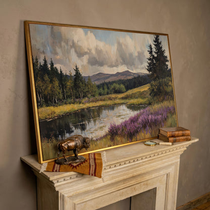 Serene Lake Landscape Canvas Print with Wildflower Shoreline in rose gold floating frame