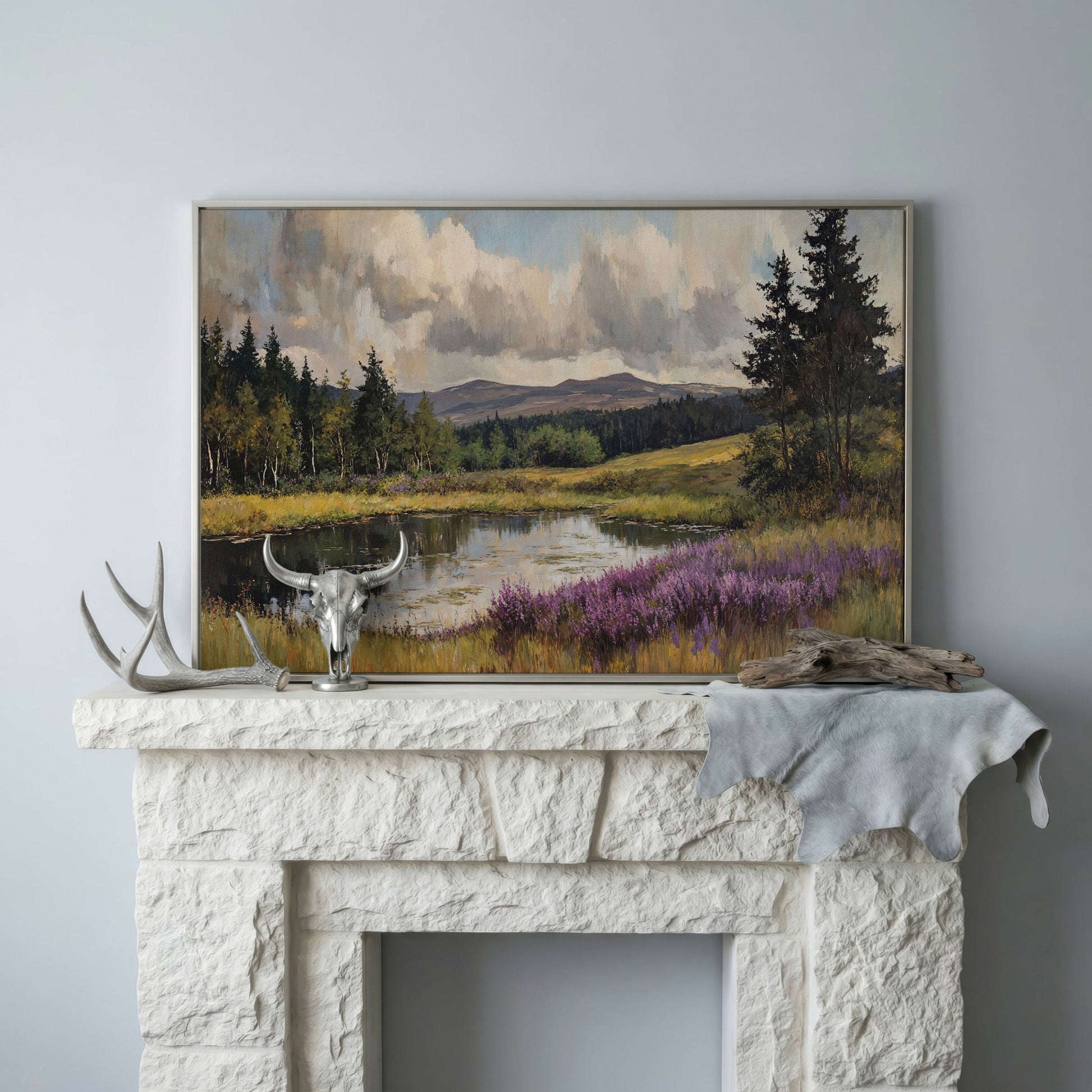 Serene Lake Landscape Canvas Print with Wildflower Shoreline in silver floating frame