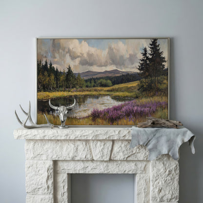 Serene Lake Landscape Canvas Print with Wildflower Shoreline in silver floating frame