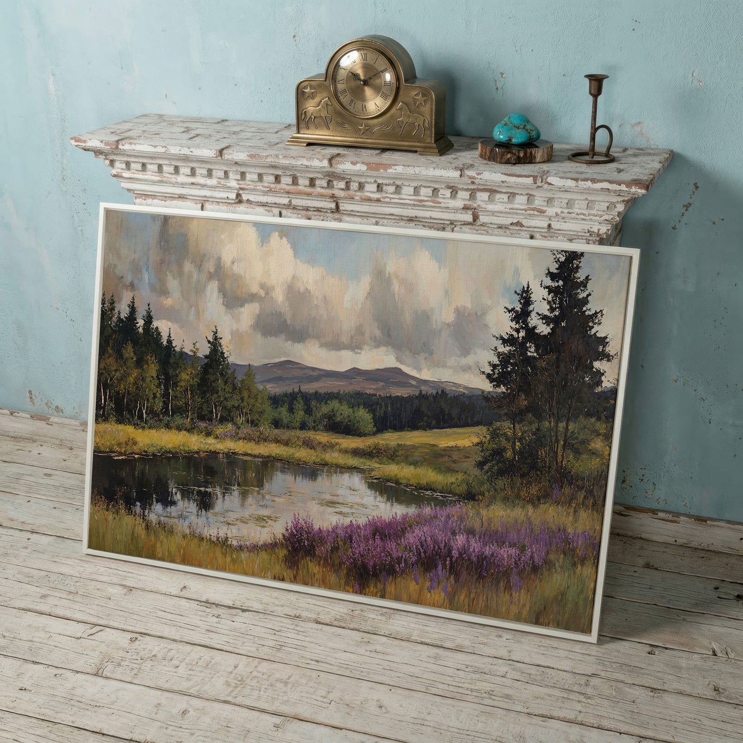 Serene Lake Landscape Canvas Print with Wildflower Shoreline in white floating frame