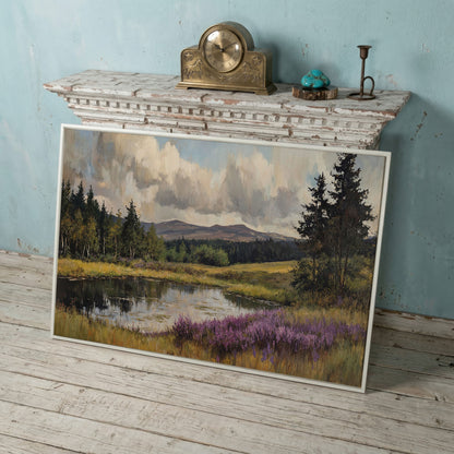 Serene Lake Landscape Canvas Print with Wildflower Shoreline in white floating frame