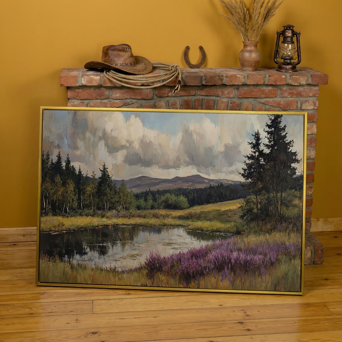 Serene Lake Landscape Canvas Print with Wildflower Shoreline in yellow gold floating frame