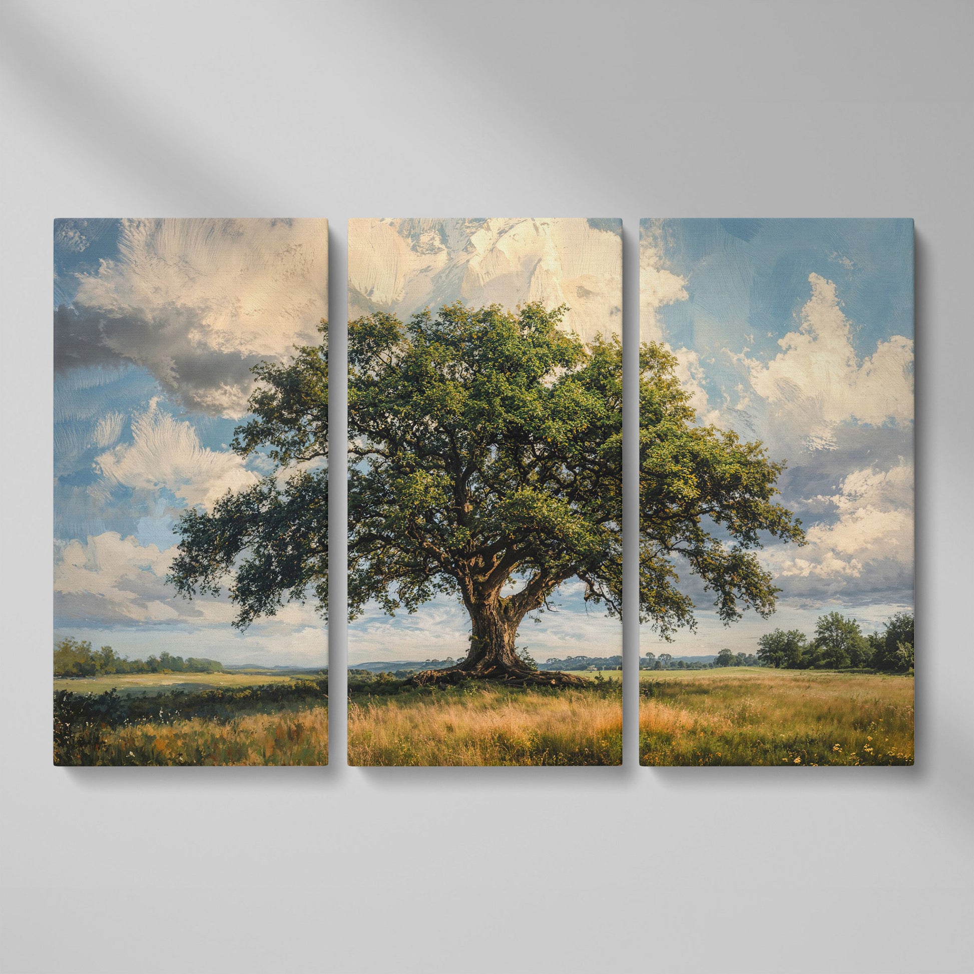 Golden Oak Tree Canvas Print with Olive Sky as 3-panel split version