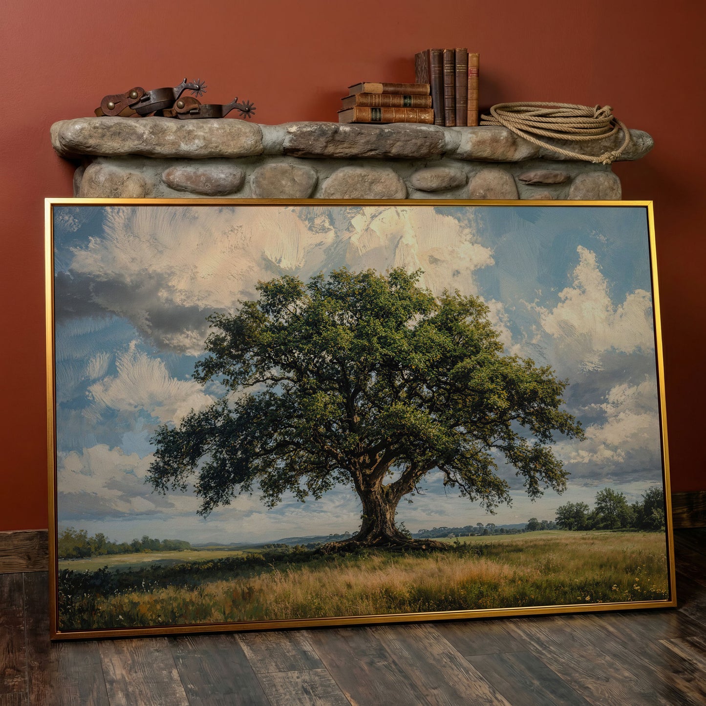 Golden Oak Tree Canvas Print with Olive Sky in antique gold floating frame