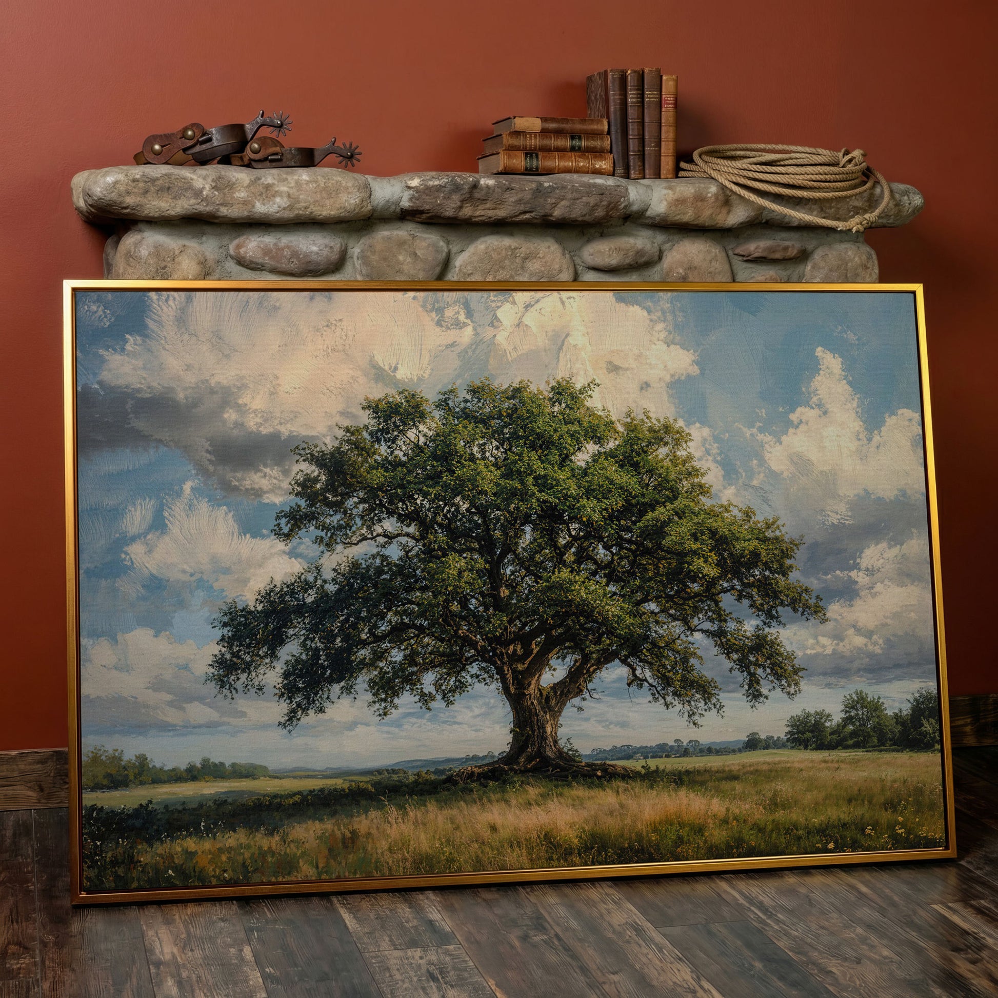 Golden Oak Tree Canvas Print with Olive Sky in antique gold floating frame