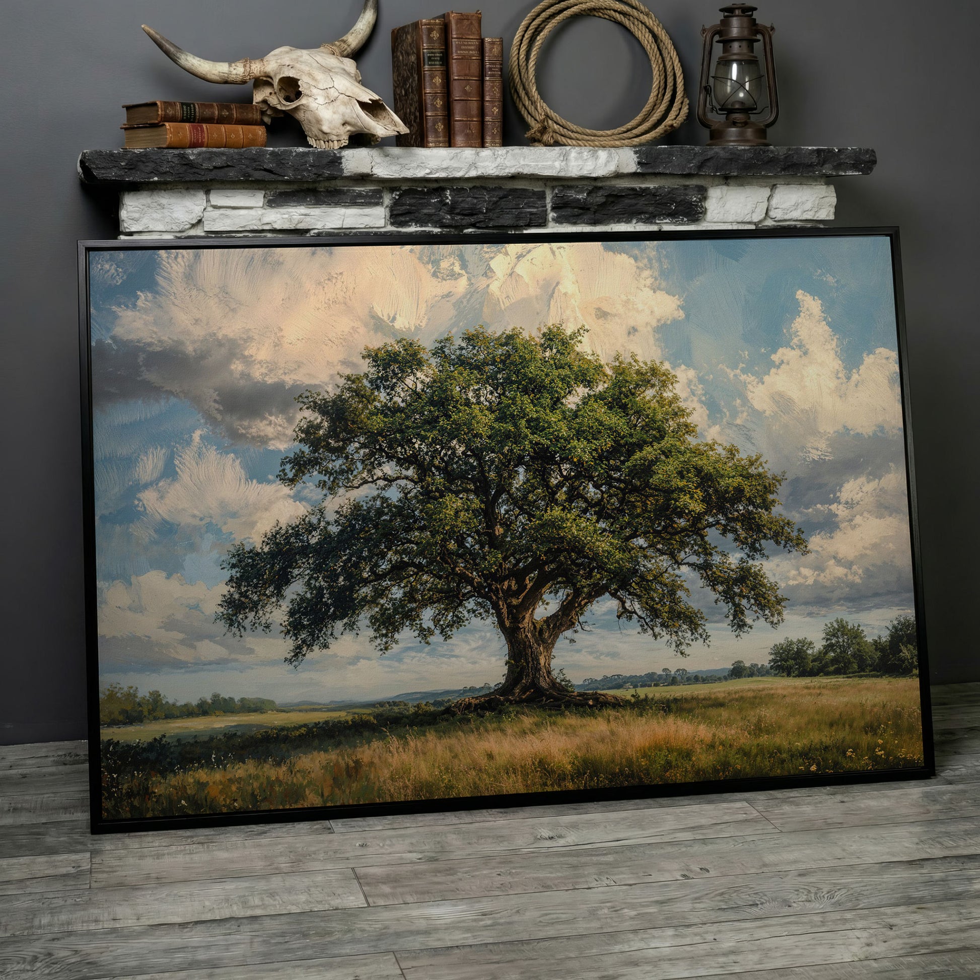 Golden Oak Tree Canvas Print with Olive Sky in black floating frame