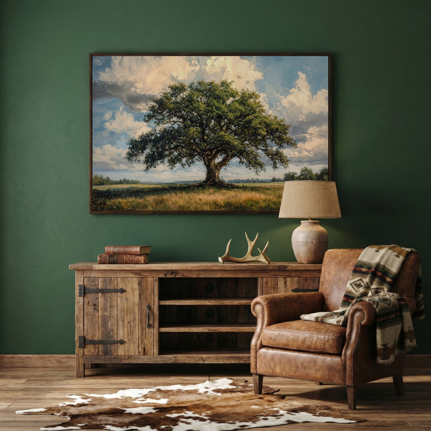 Golden Oak Tree Canvas Print with Olive Sky in dark walnut floating frame