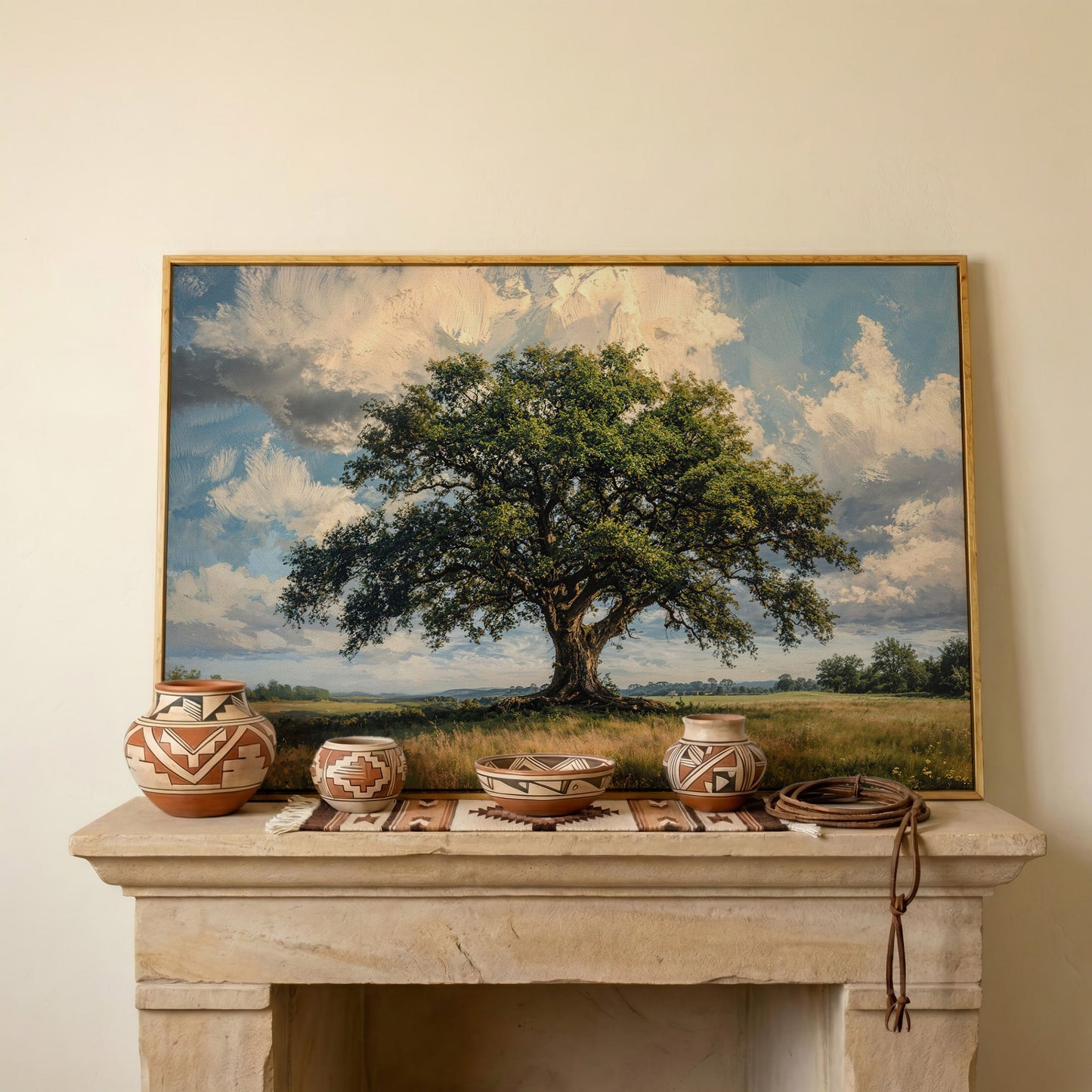 Golden Oak Tree Canvas Print with Olive Sky in white oak floating frame