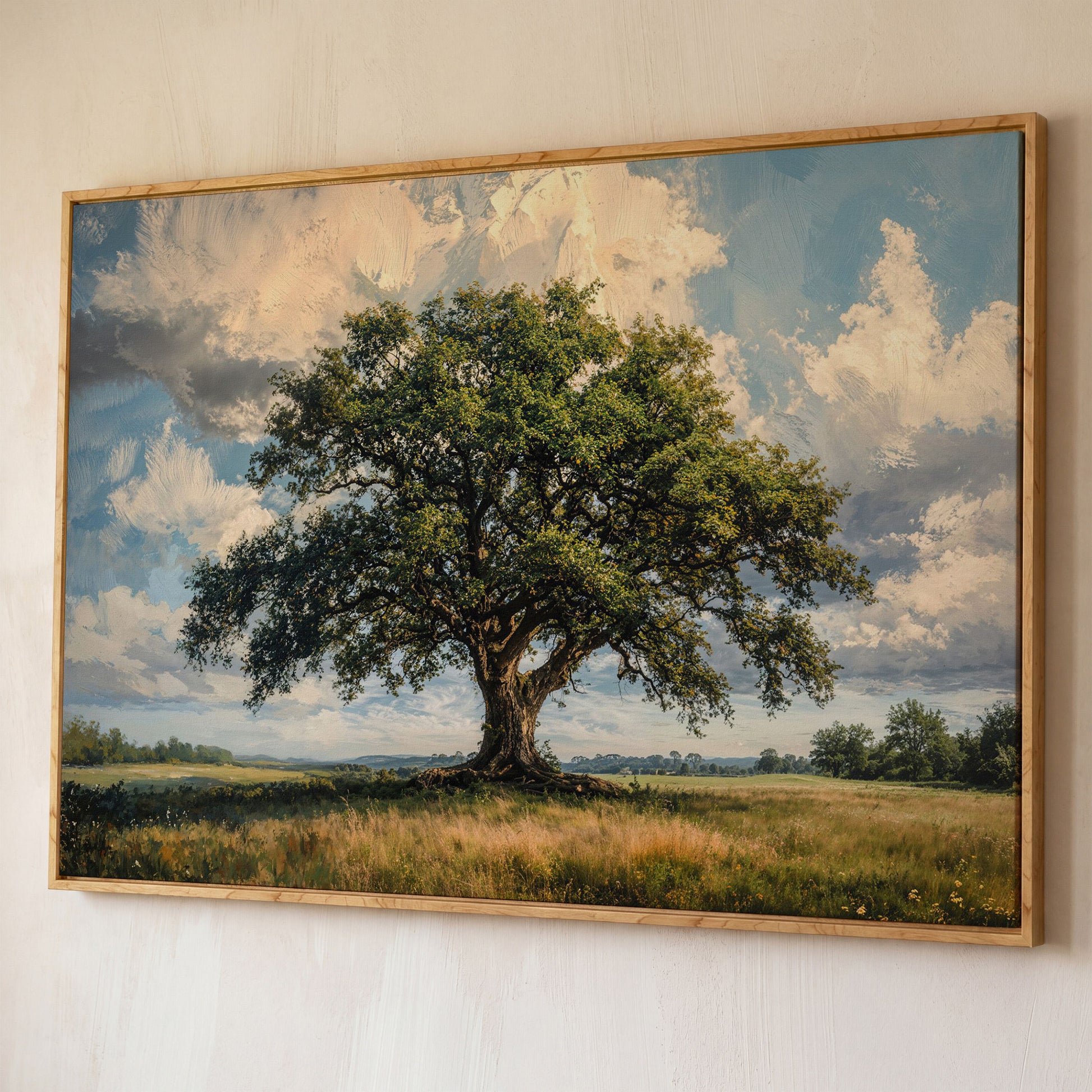 Golden Oak Tree Canvas Print with Olive Sky shown in white oak floating frame